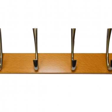 4 Chrome Ribbed Hat & Coat Hooks on Beech Board