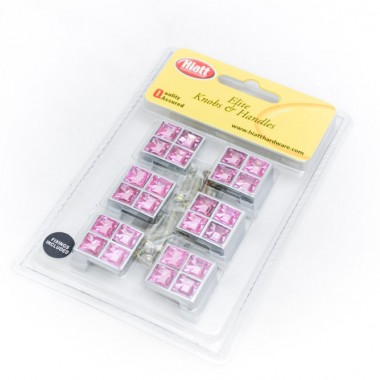 Pink Acrylic Square Cabinet Knob 25mm Polished Chrome Pack of 6