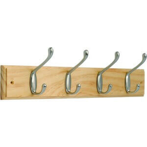 4 Satin Nickel Hat & Coat Hooks on Ridged Pine Board
