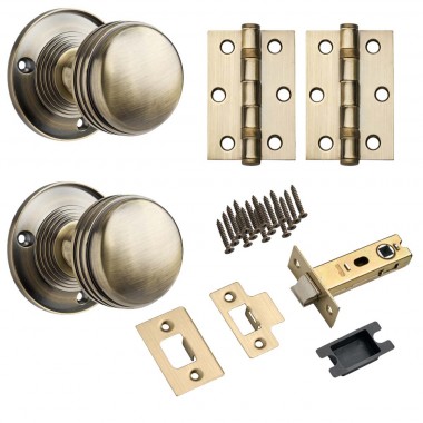 Ringed Mortice Round Door Handle Knob (Sprung) Antique Brass – Pack