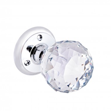 Faceted Crystal Glass Mortice Sprung Door Knob - Polished Chrome Base